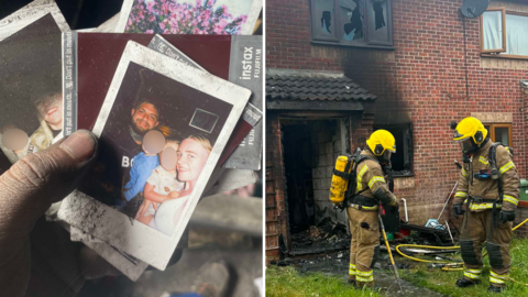 A collection of family photos recovered from a fire, with scorched edges and on the right, firefighters at the scene of the blaze