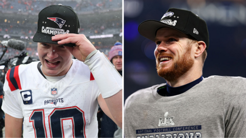 Split picture of quarterbacks Drake Maye and Sam Darnold , both wearing baseball caps
