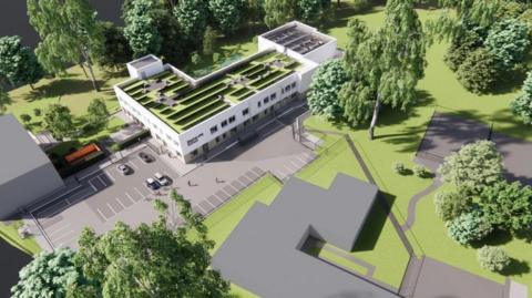 A CGI rendering of a proposal of a school site, with a large parking area next to a two-storey building surrounded by grass and trees.
