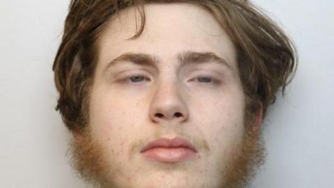 Tyler O'Keeffe's custody mugshot where he is looking to the side. He has a light ginger curly beard and hair of the same colour parted on one side of his head


