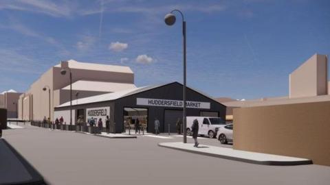 An artist impression of the entrance to a temporary market in Huddersfield