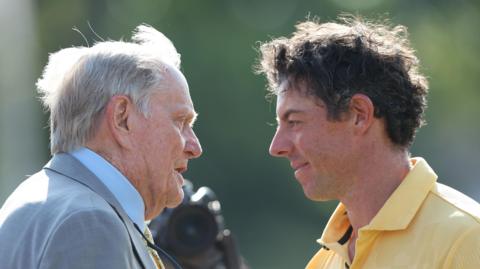 Jack Nicklaus and Rory McIlroy chat at the Memorial Tournament in 2023