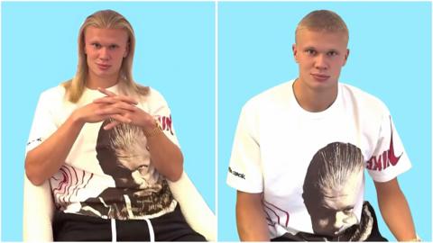 A before and after of Erling Haaland with long hair and then short hair following a hair cut.