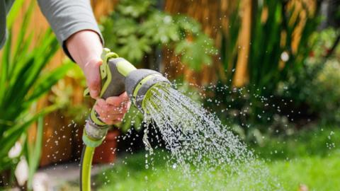 A hand holding a hosepipe spraying water