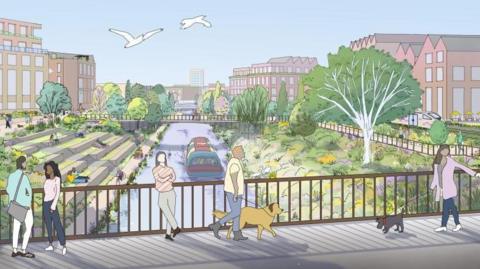 An artist's impression shows a pastel coloured cartoon. There is a canal with a boat, people stood overlooking it on a bridge, green riverbanks and trees and housing