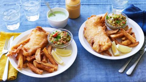 Spiced fish and chips with coriander chutney and curried peas.