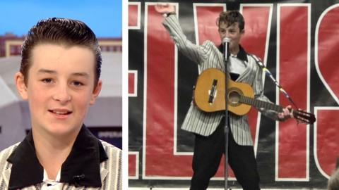 Composite image showing Cooper Worthington on left side, and Cooper performing as Elvis on right side