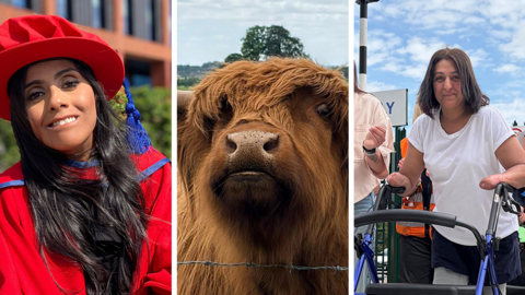 A composite of three images. On the left is a woman in a red graduation gown fringed wuith blue and matching graduation cap. In the centre is a light brown highland cow standing behind barbed wire fence. On the right is a woman in a white top holding on to a blue walker to support her
