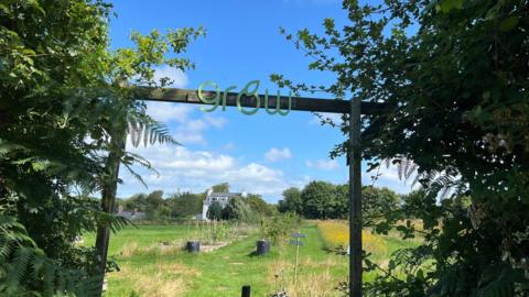 There's a wooden arch over the entrance to a field where fruit and vegetables are being grown. The word Grow is on the arch with the letter o represented as an apple