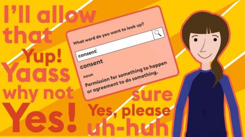 Illustration of girl with search bar next to her looking up the word consent