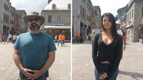 Split screen of a man standing in a blue t-shirt and a woman standing in a black top.