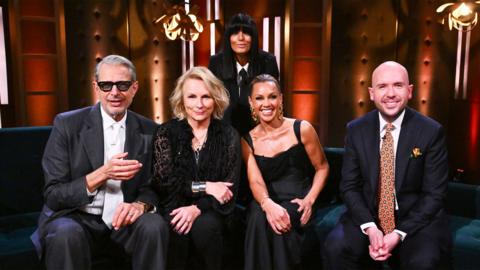 Claudia Winkleman with guests on her new talk show: (L-R) Jeff Goldblum, Jennifer Saunders, Vanessa Williams and Tom Allen.