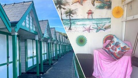 A split image of a line of beach huts and a brightly decorated beach hut interior