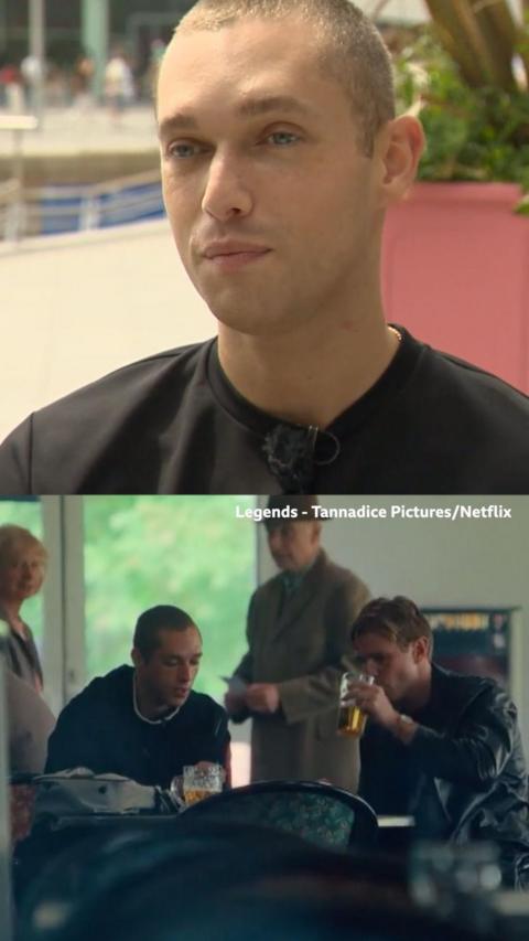 Sonny Walker wearing a black top with a shaved head. Below an image from the Netflix show Legends.
