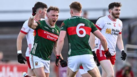 Darren McHale celebrates scoring Mayo's first goal.