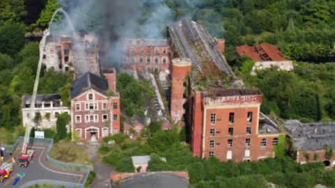 An aerial view of the Victorian mill complex at Hilden outside Lisburn as firefighters tackled a major arson attack in June 2021