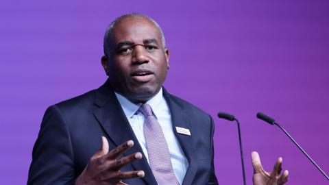 Deputy Prime Minister David Lammy mid-speech. He's wearing a dark blue suit, light blue shirt and patterned purple tie