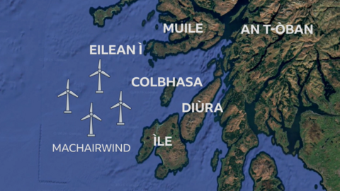 Mapa de dh'eileanan Earra-Ghàidheal a' sealltainn far am biodh tuath-gaoithe MachairWind far nan cladaichean aca 