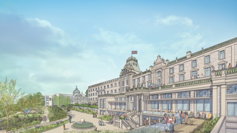 An artist impression of the outside of a large historic building 