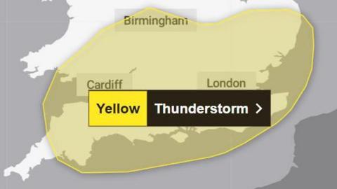 Image from Met Office weather warning website showing the area affected by a thunderstorm warning across England and Wales. The area covered - spreading from England's south coast up to Midlands and including sections of South Wales - is coloured yellow.