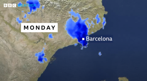 BBC Weather graphic showing eastern Spain on Monday with a large blue area representing rainfall in Barcelona