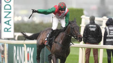 Bossman Jack ridden by Harry Skelton on their way to winning the Turners Mersey Novices' Hurdle on Grand National Day of the Randox Grand National Festival 2026 at Aintree Racecourse