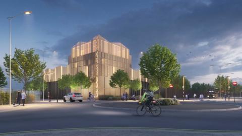 A computer generated image of some high rise buildings as part of the Hengrove Park development. The building is situated in front of a roundabout, with a cyclist and car on the road and pedestrians walking on the pavement.