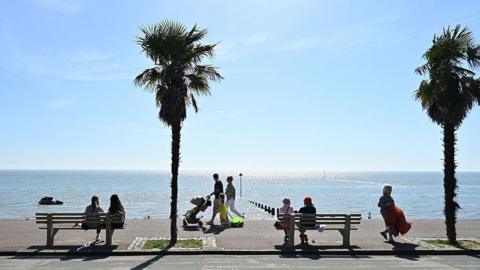 sunny scene of a coastal path where people are sitting on benches with other people walking along next to the glistening sea with blue skies overhead
