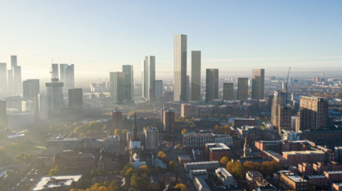 A computerised image of the skyscraper standing tall amongst the general skyline of Salford / Manchester