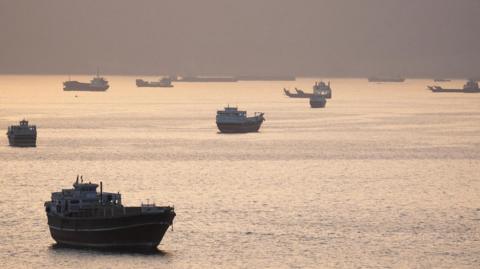 Ships in the Strait of Hormuz, seen from Oman on 1 May