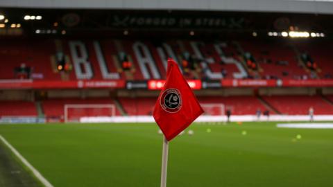 A corner flag adorned with Sheffield United's club crest at Bramall Lane