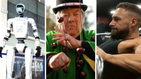 Montage: white standing robot, Man playing conkers in a top hat, Man working out at a gym