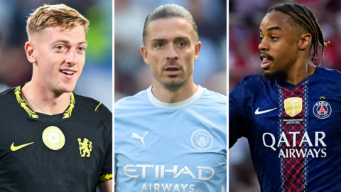 Liam Delap, Jack Grealish and Bradley Barcola split graphic