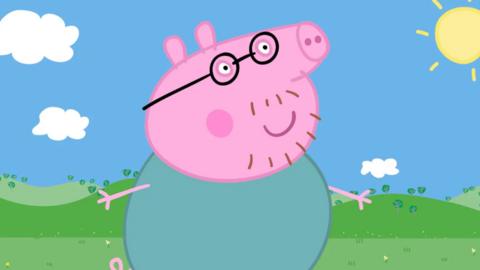 Cartoon figure of Daddy Pig from the TV show Peppa Pig.