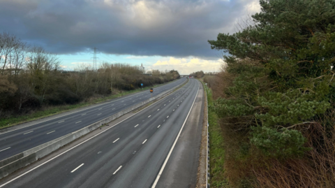 A stretch of the M5 with empty three-lane carriageways and a concrete central reservation. There are shrubs and greenery on either side of the motorway.