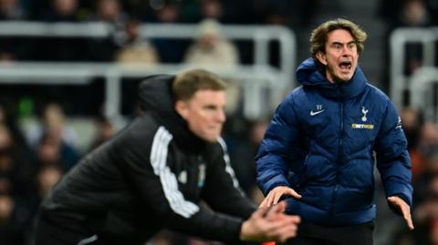 Thomas Frank and Eddie Howe during Newcastle v Tottenham match at St James' Park