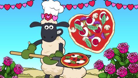 Shaun the Sheep with heart shaped pizza.