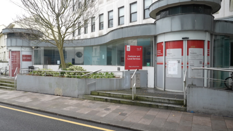 A photo of the outside of Jersey's former social security site at La Motte Street.