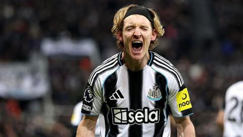Anthony Gordon shouts in joy while celebrating scoring Newcastle's second goal against Tottenham Hotspur in December 2025
