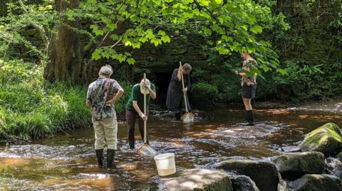 Four adults standing in a river wearing boots . Two are carrying nets. A white bucket half full sits on a nearby rock.