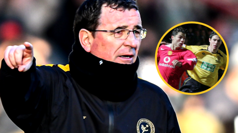Image of Burton boss Gary Bowyer pointing, with an inset image of Cristiano Ronaldo as a Manchester United player taking on Burton player Andrew Corbett in the FA Cup in 2006