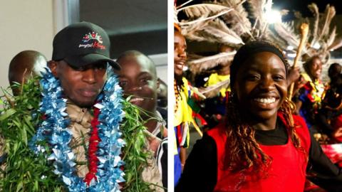 Sawe in a split screen with a grinning dancer.
