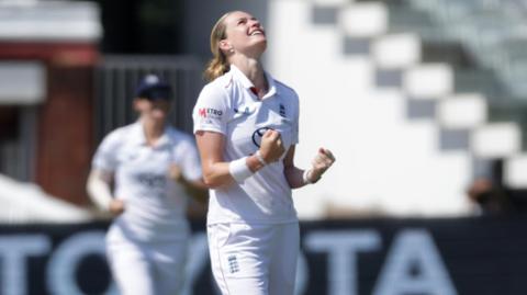 Lauren Bell celebrates a wicket