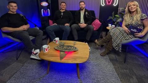 L-R: Jonathan Davies, Thinus Delport and Alex Cuthbert with presenter Lauren Salter