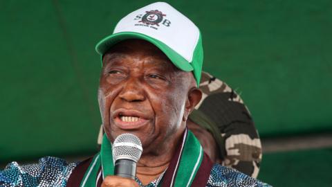 Joseph Boakai speaks during a rally while campaigning to become Liberia's president in 2023.