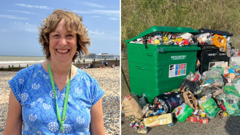 A composite of two pictures side by side. On the left is a picture of Jill Boyle standing on the beach at Cromer. She is looking directly at the camera and smiling. She is wearing a blue floral patterned T-shirt with a green lanyard round her neck. The picture has been taken on a sunny day and the pier is behind her. On the right is a picture of a black and green bin with rubbish flowing out of it and onto the floor surrounding it
