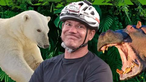 Steve Backshall alongside a polar bear and hippo in a composite image 
