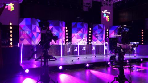 The set for the debate, with cameras in the foreground