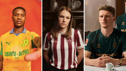 New kits 2025-26. Left: Mamelodi Sundowns (home). Middle: Nürnberg (home). Right: Werder Bremen (third).