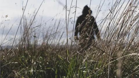 A hooded figure stands in a field of long grass